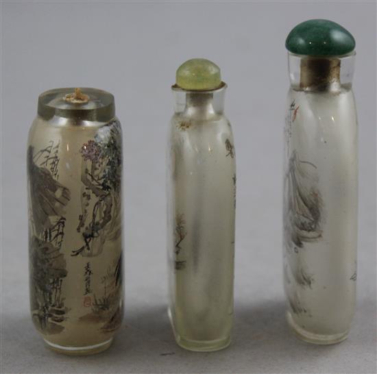 Three Chinese inside-painted glass snuff bottles, 20th century, Richards no.s 40, 106 and 353